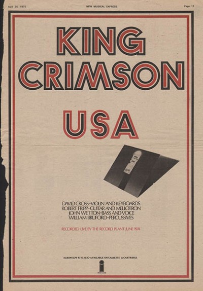 Island records advert for King Crimson’s USA. Band credits and a representation of the album cover are below the name of the band and album in large type.